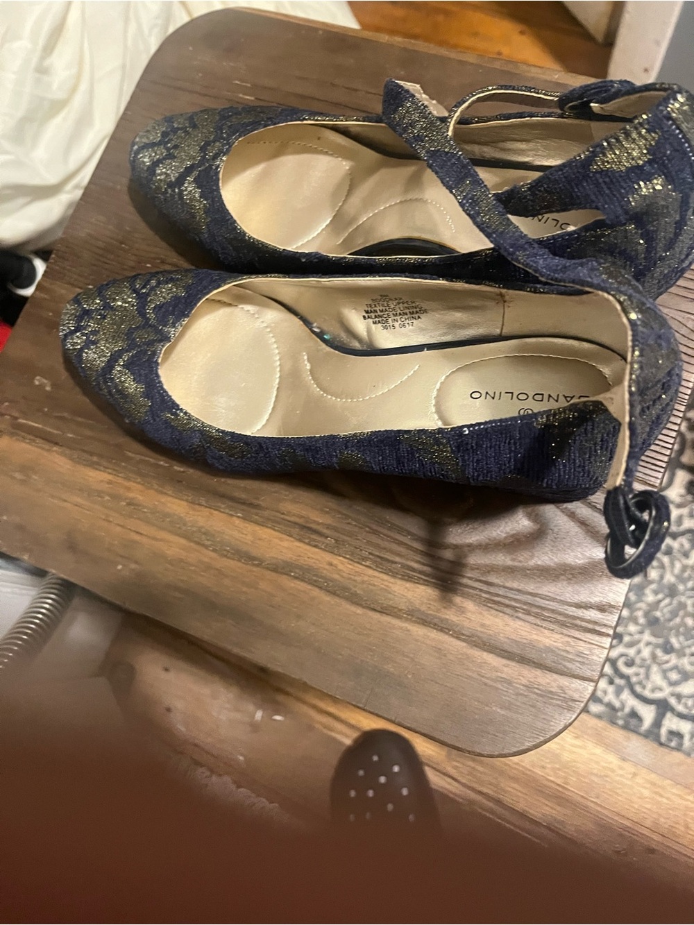 Bandolino Navy and Gold Lace Ankle-Strap Heels. New never worn!